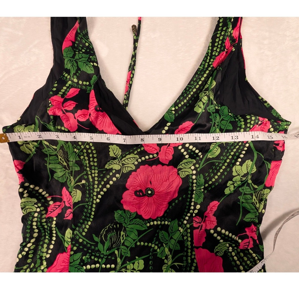 Maeve by Anthropologie Floral V-Neck Ruched Maxi Dress Black Pink Size 4 Slit - Picture 9 of 9